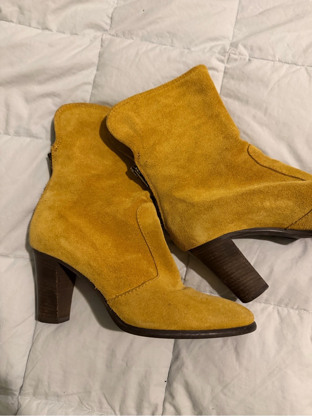 Women's Mustard Suede Ankle Boots - Stylish Zip Heels